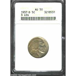 1937-D 5C Three-Legged AU50 ANACS. Typically struck with golden-gray patina partially covering the o