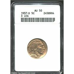 1937-D 5C Three-Legged AU50 ANACS. A nice lightly circulated example of this scarce and popular vari