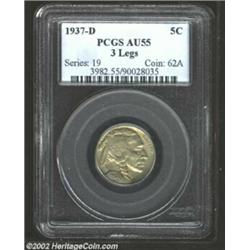 1937-D 5C Three-Legged AU55 PCGS. This specimen is evenly circulated and beneath the gun-metal gray.