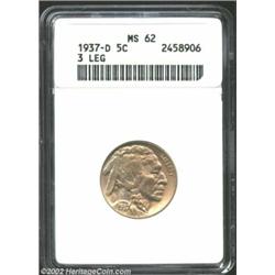 1937-D 5C Three-Legged MS62 ANACS. This nice Three-Legged nickel is an attractive looking piece for.