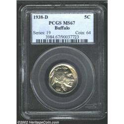 1938-D 5C MS67 PCGS. This immaculate Buffalo nickel is brilliant, fully struck, and mark-free. Ideal