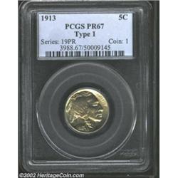 1913 5C Type One PR67 PCGS. The obverse has a blush of pale gold patina across the center, while the