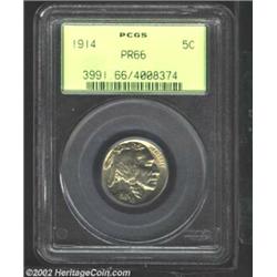 1914 5C PR66 PCGS. This scarce matte proof displays clean, gray surfaces with an untoned appearance.