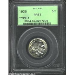 1936 5C Type One--Satin Finish PR67 PCGS. Blushes of golden and ice-blue iridescence blend together.