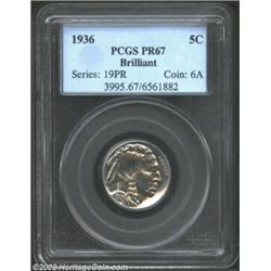 1936 5C Type Two--Brilliant Finish PR67 PCGS. The devices have hints of powder-blue and gold patina.