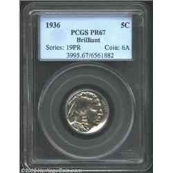 1936 5C Type Two--Brilliant Finish PR67 PCGS. The devices have hints of powder-blue and gold patina.