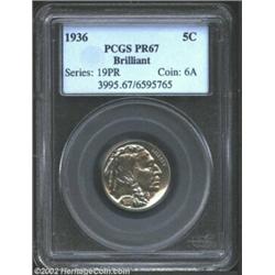 1936 5C Type Two--Brilliant Finish PR67 PCGS. A glistening proof Buffalo Nickel, the fully brilliant