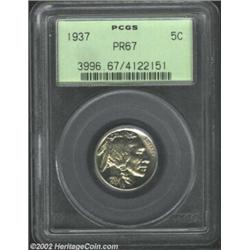 1937 5C PR67 PCGS. The lightest blushes of golden iridescence are noted on both sides, but shimmerin