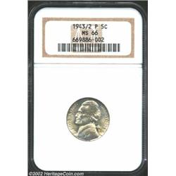 1943/2-P 5C MS66 NGC. Highly lustrous surfaces coupled with milky shades of blue give this nickel an