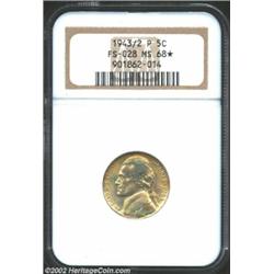 1943/2-P 5C MS68 NGC. Original toning dominates this coin with vibrant gold, turquoise, and pink hue