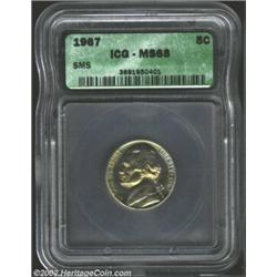 1967 5C SMS MS68 ICG. A colorfully toned example, with iridescent splashes of blue, pink, gold, and.