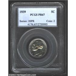 1939 5C PR67 PCGS. Faint icy-blue patina is present on the obverse of this deeply mirrored proof iss