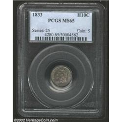 1833 H10C MS65 PCGS. V-6, LM-9, R.2. Splendid sea-green, mauve, and gold patina. Exquisitely struck,