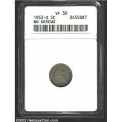 1853-O H10C No Arrows VF30 ANACS. Deep apple-green peripheral patina, with lavender-gray centers. LI