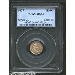 1857 H10C MS64 PCGS. The dusky apricot-gold patina is both beautiful and original. Sharply struck ex