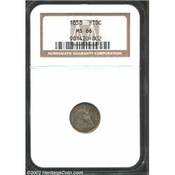 1858 H10C MS66 NGC. Originality is evident in silver-grey surfaces that are accented with firey gold