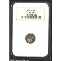 1868-S H10C MS63 NGC. Richly toned with blushes of golden-brown, cobalt-blue, and lavender patina. A