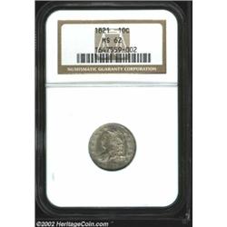 1821 10C Small Date MS62 NGC. JR-9, R.2. A boldly struck and lightly toned representative with brigh