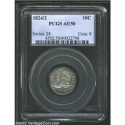 1824/2 10C AU50 PCGS. JR-1, R.3. Light lilac-gray patina, with bright luster both in the peripheries