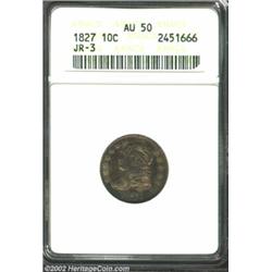 1827 10C AU50 ANACS. JR-3, R.1. The rich orange and violet patina is both original and attractive. B