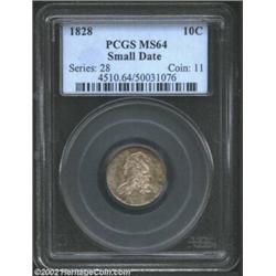 1828 10C Small Date MS64 PCGS. JR-1, R.2. While relatively available in circulated grades, there are