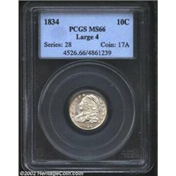 1834 10C Large 4 MS66 PCGS. JR-5, R.1. A later die state, the obverse and reverse cracks that the Jo