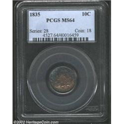 1835 10C MS64 PCGS. JR-9, R.2. Fancy 8 in date, with Large 3 repunched southeast. The obverse is div