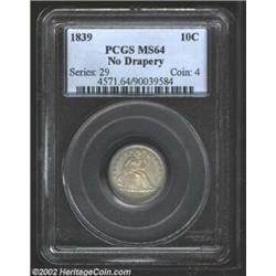 1839 10C No Drapery MS64 PCGS. Full mint luster resides under an even blanket of gun-metal gray pati