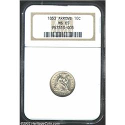 1853 10C Arrows MS65 NGC. Untoned with a thick, satiny finish that varies little from fields to devi