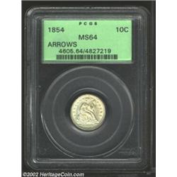 1854 10C Arrows MS64 PCGS. Nearly Gem, with mark-free and untoned surfaces blanketed with frosty lus