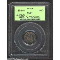 1854-O 10C Arrows MS64 PCGS. A bold striking with speckled steel-violet and copper-gold toning in ad