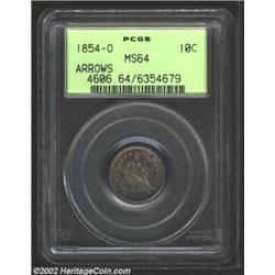 1854-O 10C Arrows MS64 PCGS. A bold striking with speckled steel-violet and copper-gold toning in ad