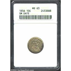 1856 10C Small Date MS63 ANACS. Moderately toned in mottled gray and charcoal shades, with typically