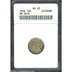 1856 10C Small Date MS63 ANACS. Moderately toned in mottled gray and charcoal shades, with typically