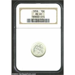 1858 10C MS65 NGC. Although Greer (1992) assigns this issue an overall rarity ranking of R.1, the on