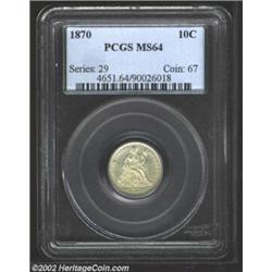 1870 10C MS64 PCGS. The 8 in the date appears to be lightly repunched west. A nicely struck near-Gem