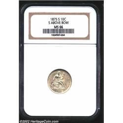 1875-S 10C Mintmark Above Bow MS66 NGC. Formerly offered as lot 8008 in our June 2001 Long Beach Sal