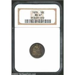 1879 10C MS67 NGC. Greer-101. This year began a run of low mintage Seated Liberty Dimes that would c