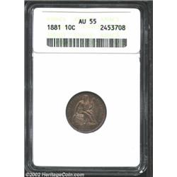 1881 10C AU55 ANACS. Deeply toned overall, a fully original, faintly circulated example of this quit