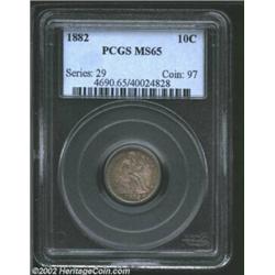 1882 10C MS65 PCGS. The margins have vivid sea-green, electric-blue, and champagne-rose colors. A we