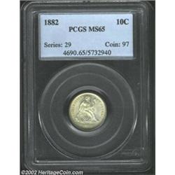 1882 10C MS65 PCGS. Phenomenal cartwheel luster contributes to the considerable eye appeal of this f