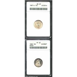 1887-S 10C MS63 ANACS, quite lustrous and showing a better than average strike; and an 1888 PR63 ANA