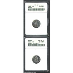 1862 10C PR61 ANACS, a number of scattered hairlines limit the grade; and an 1869--Cleaned--ANACS, P
