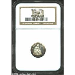 1862 10C PR65 NGC. Liberty and the wreath on the reverse are encircled by a mixture of bluish-gray t