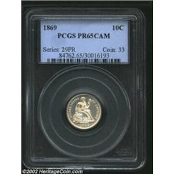 1869 10C PR65 Cameo PCGS. A lightly toned Gem with beautifully preserved surfaces. The E in DIME is.