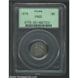 1879 10C PR65 PCGS. The obverse has bright sea-green and gold patina, while the reverse has rich lil