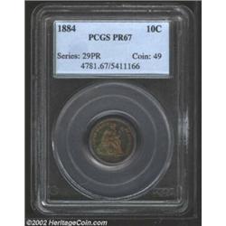 1884 10C PR67 PCGS. The original toning presents two markedly different color schemes on both sides.