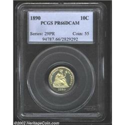 1890 10C PR66 Deep Cameo PCGS. The penultimate proof delivery in the long-lived Seated Dime series,.