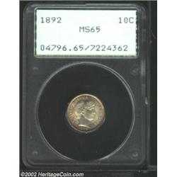 1892 10C MS65 PCGS. A mixture of gold and rose patination enhances smooth and lustrous surfaces. Bot