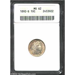 1892-S 10C MS62 ANACS. Sharp and frosty beneath a golden peripheral toning. This low-mintage issue i